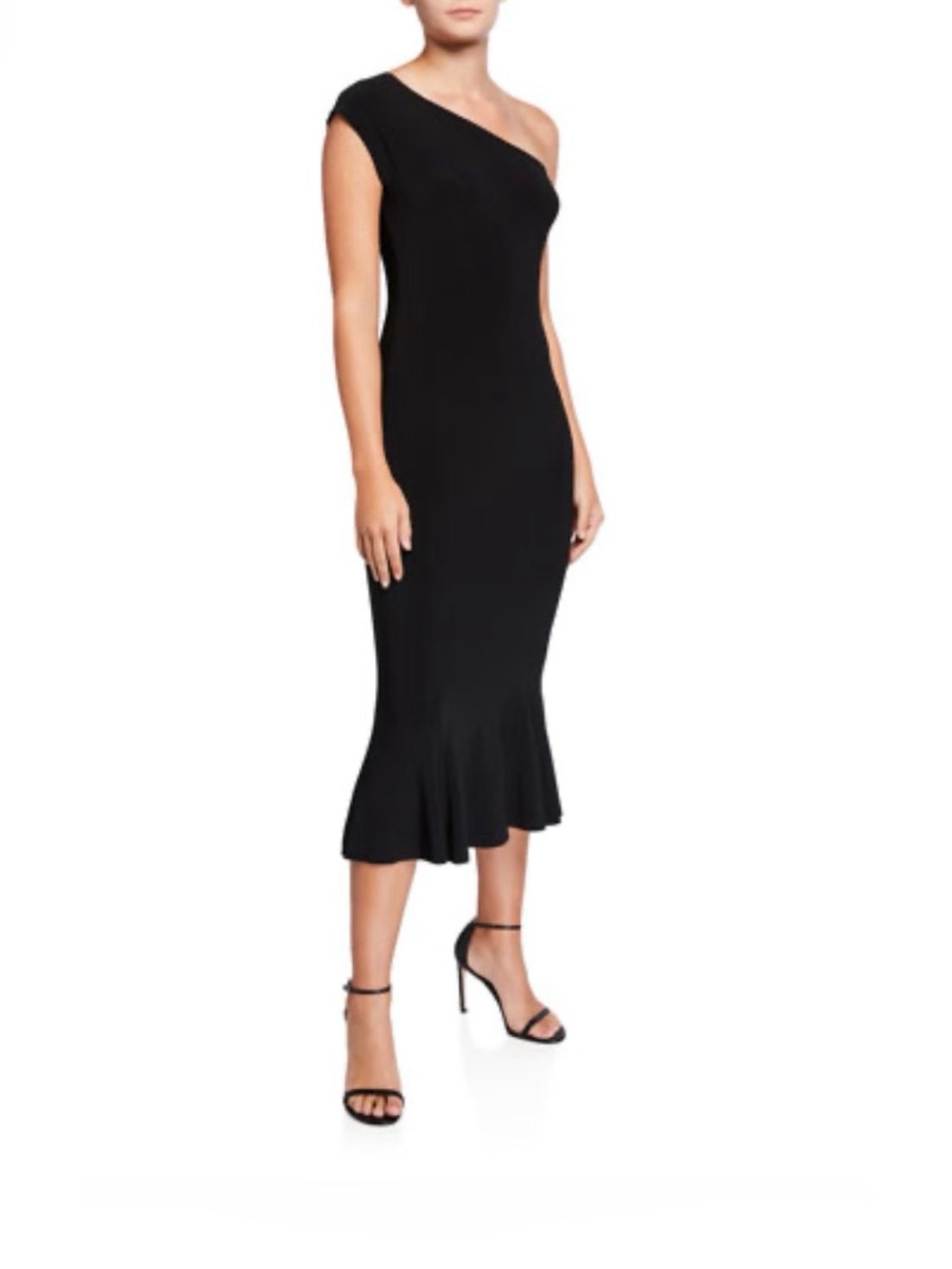 Norma Kamali One-Shoulder Black Midi Dress with Flared Hem. Size M
